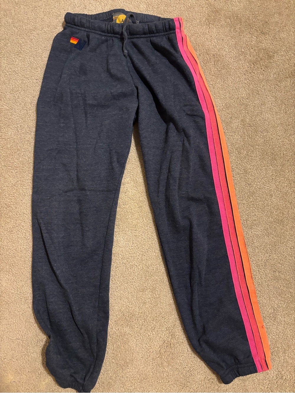 Aviator Nation Navy Sweatpants with Pink & Orange Side Stripes